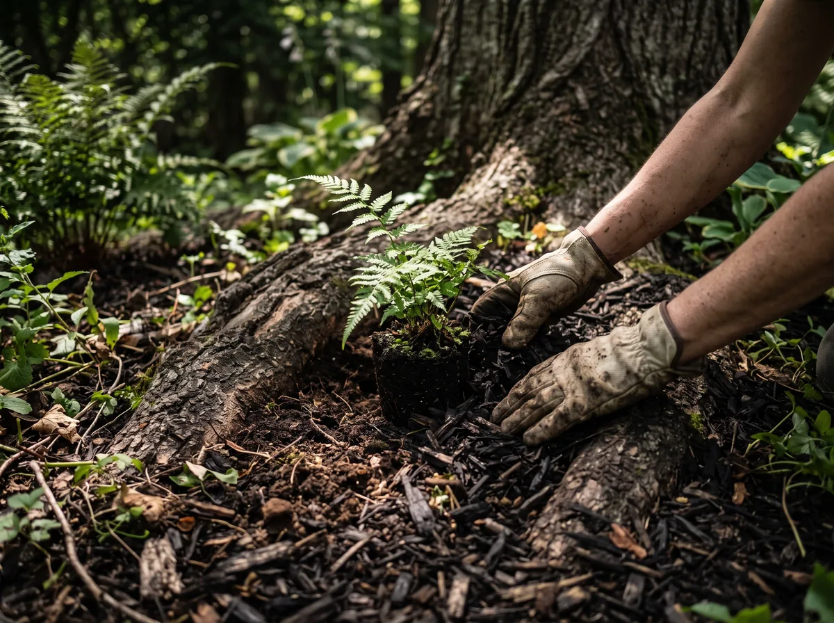 Hands planting a small fern into a pocket of soil between a tree's surface roots