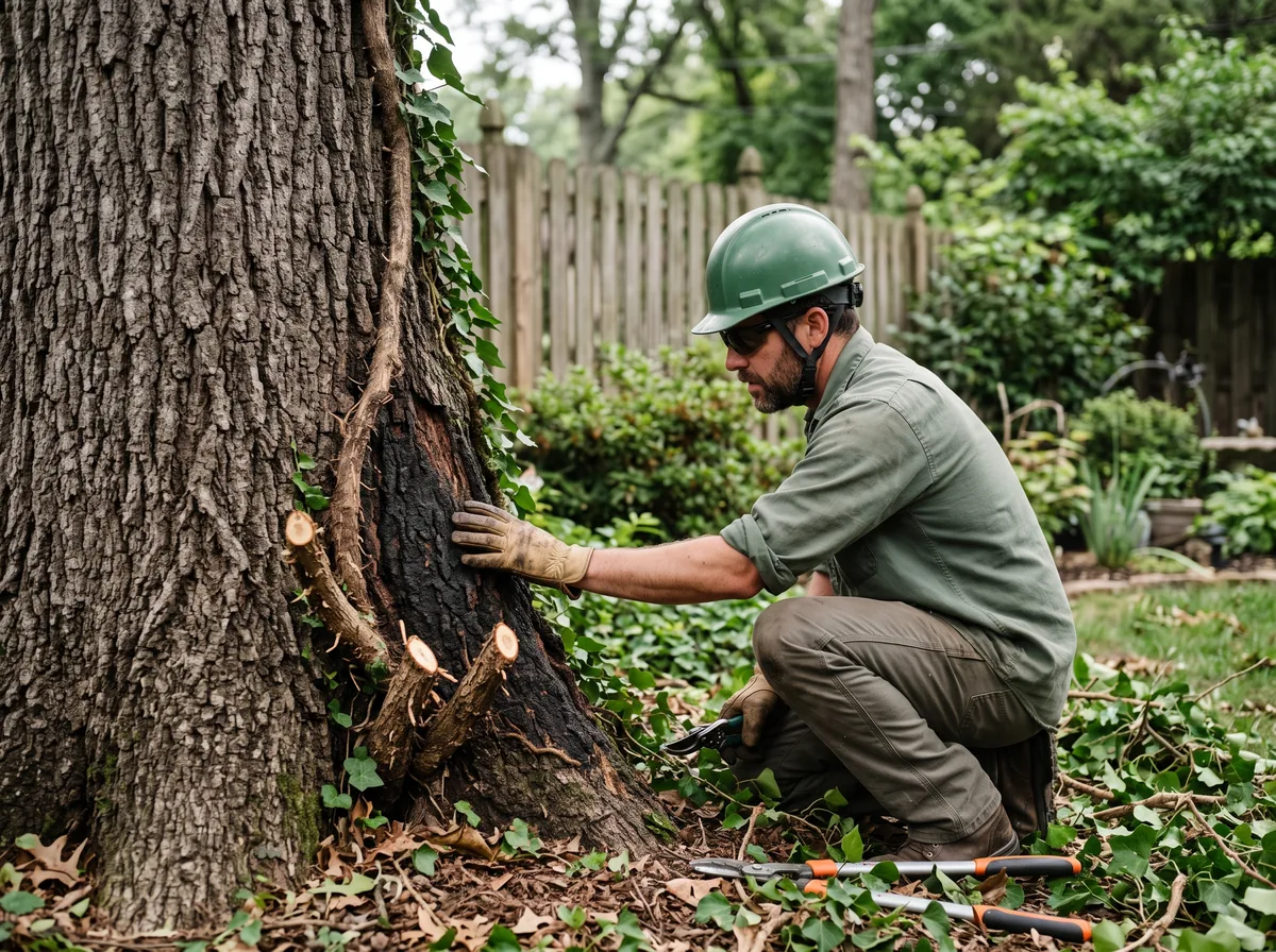 Arborist examining bark condition after clearing a section of vine growth from a backyard tree trunk