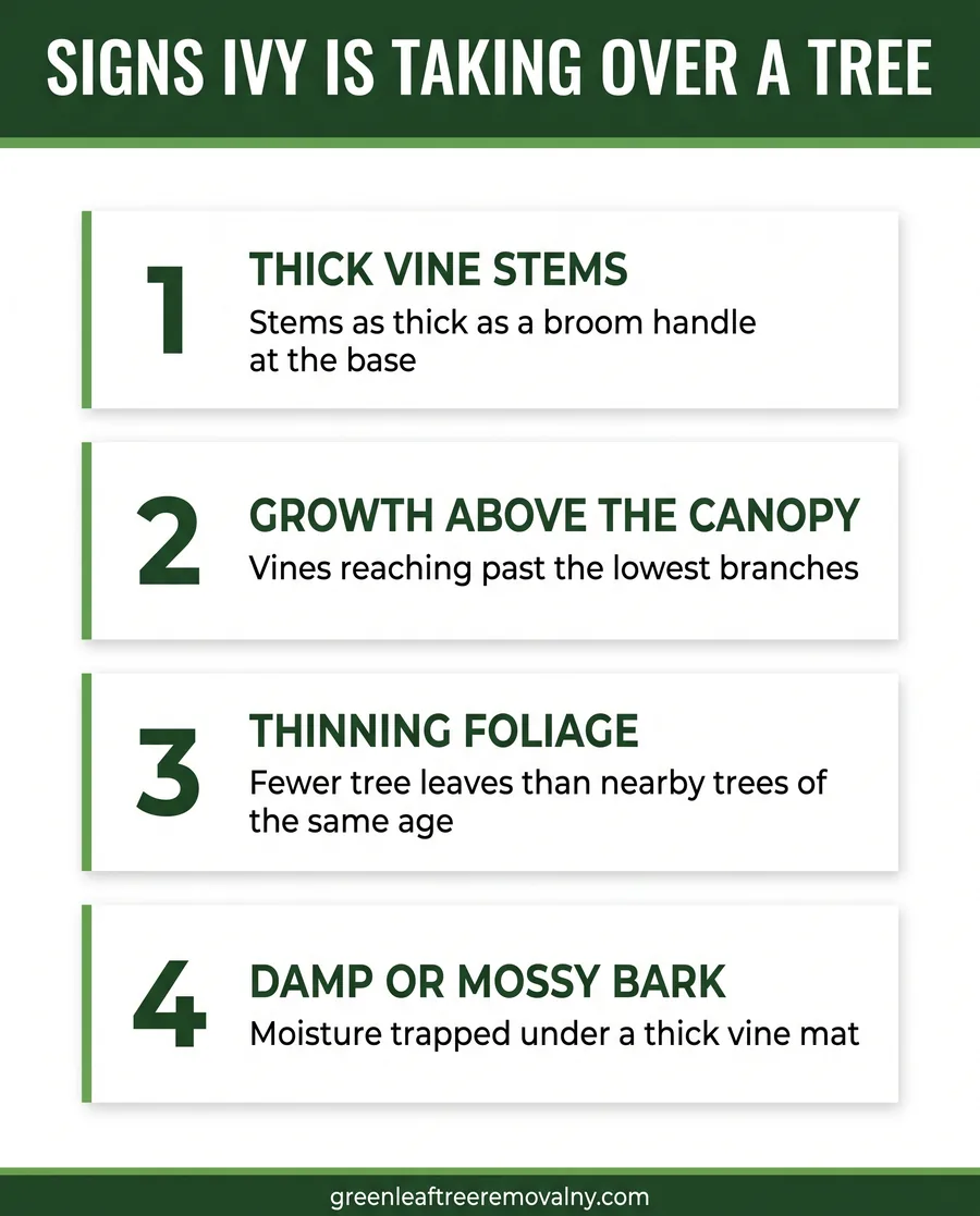 Card graphic listing four warning signs that ivy is taking over a mature tree