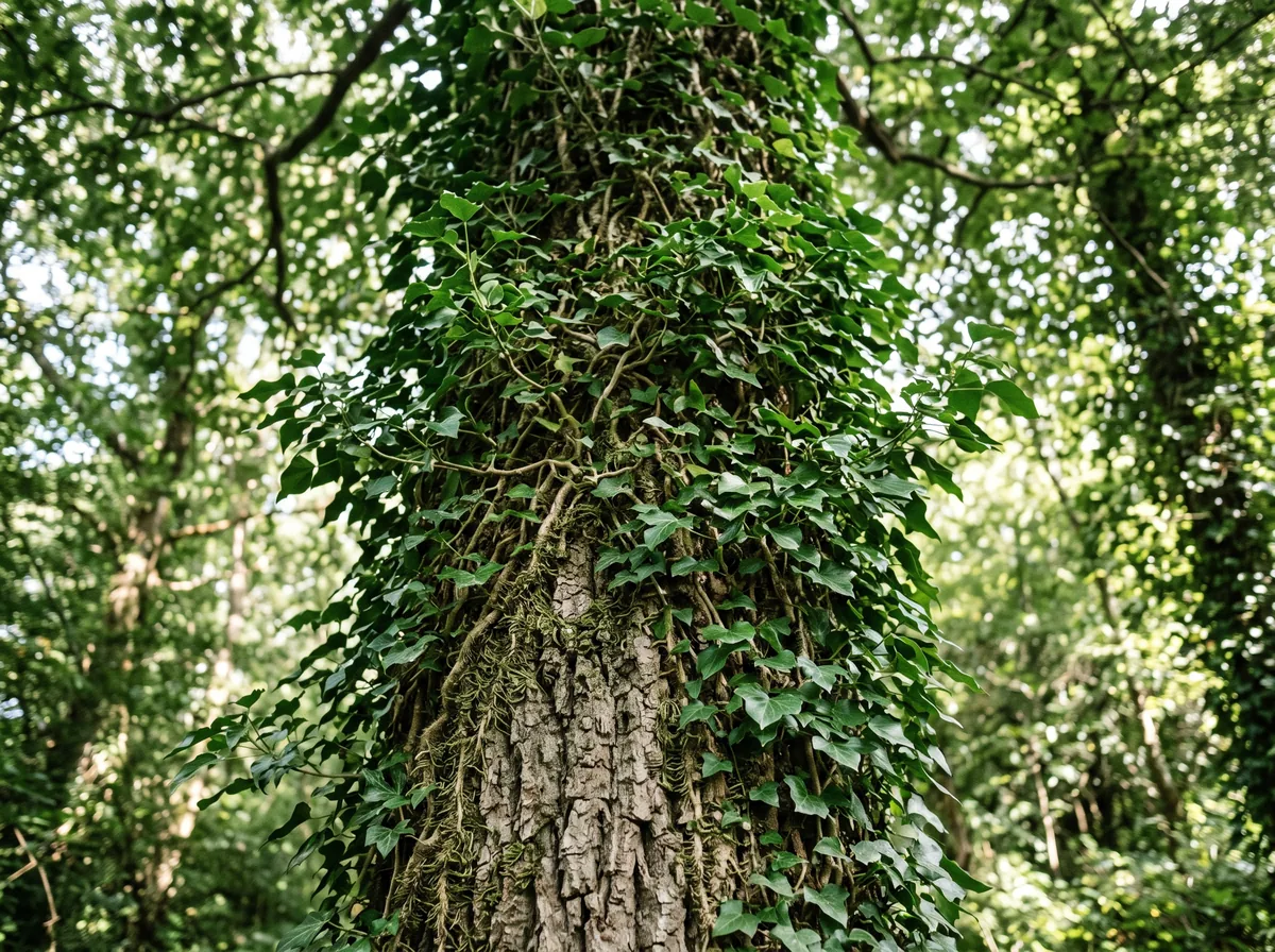 Dense English ivy climbing the trunk of a mature backyard tree and disappearing into the lower canopy