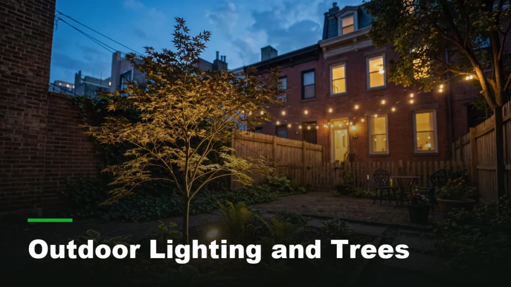 Landscape uplight glowing beneath a young tree in a New York City backyard at dusk