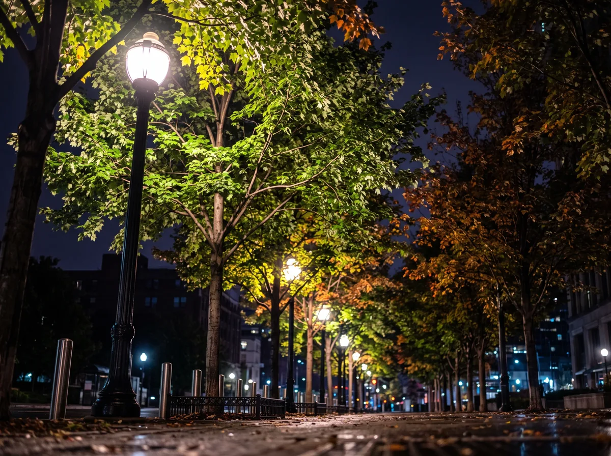 Row of young street trees near tall municipal lamp posts still holding green leaves later into autumn