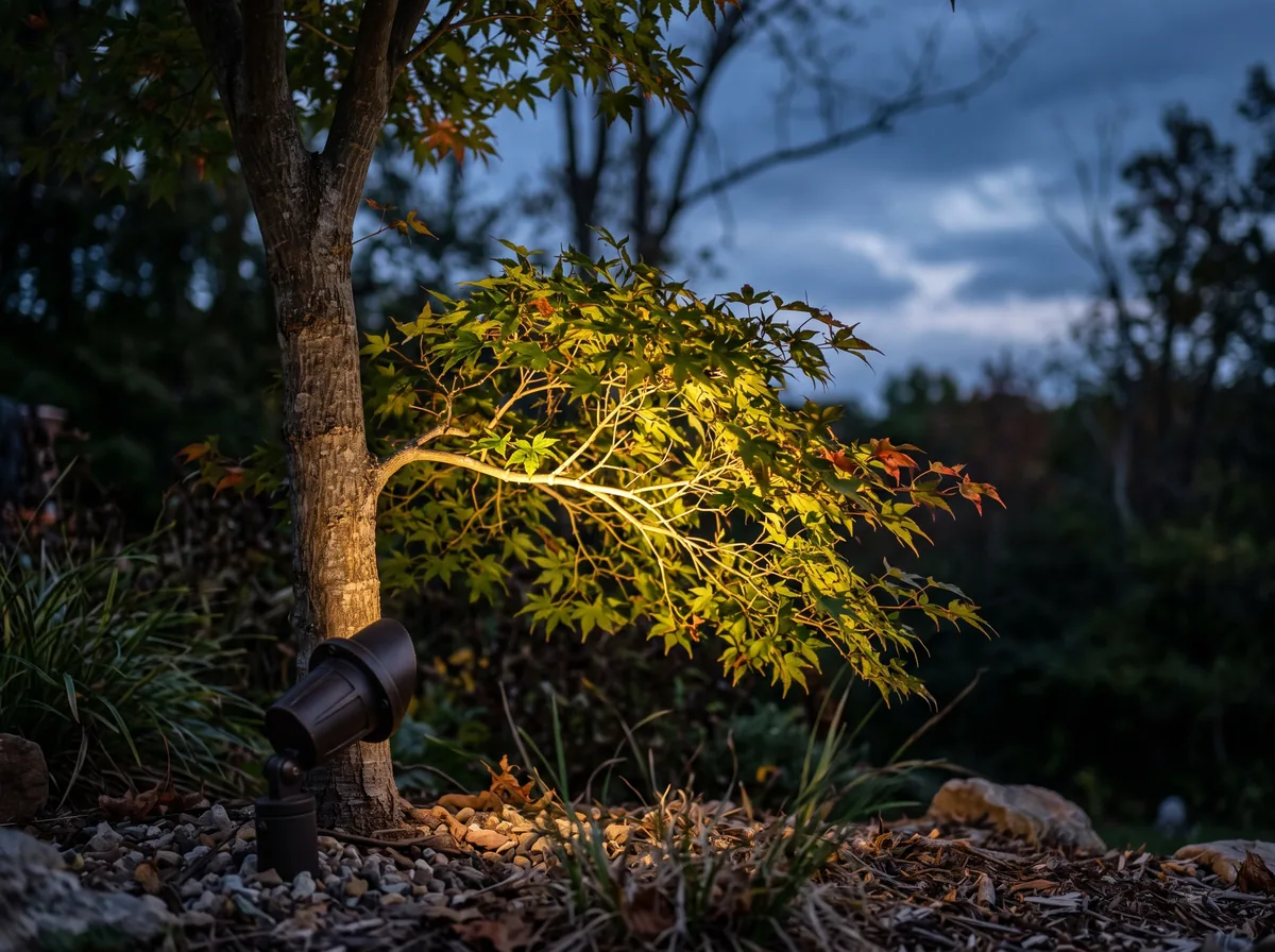 Landscape uplight fixture shining directly into the lower branches of a young ornamental tree at dusk